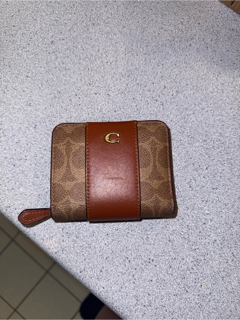 Coach Brown/Tan Signature Small Zip Wallet with Gold 'C'